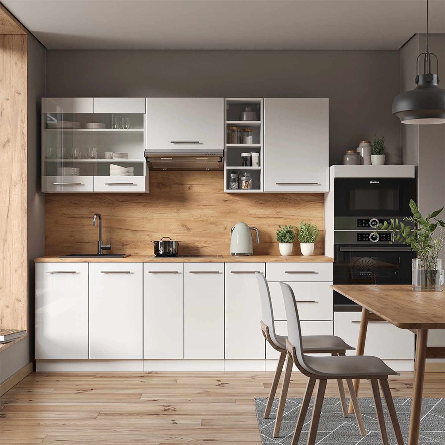 Vicco Fame-Line Küchenzeile, 280 cm, Weiß Hochglanz/Weiß, ohne Arbeitsplatte.