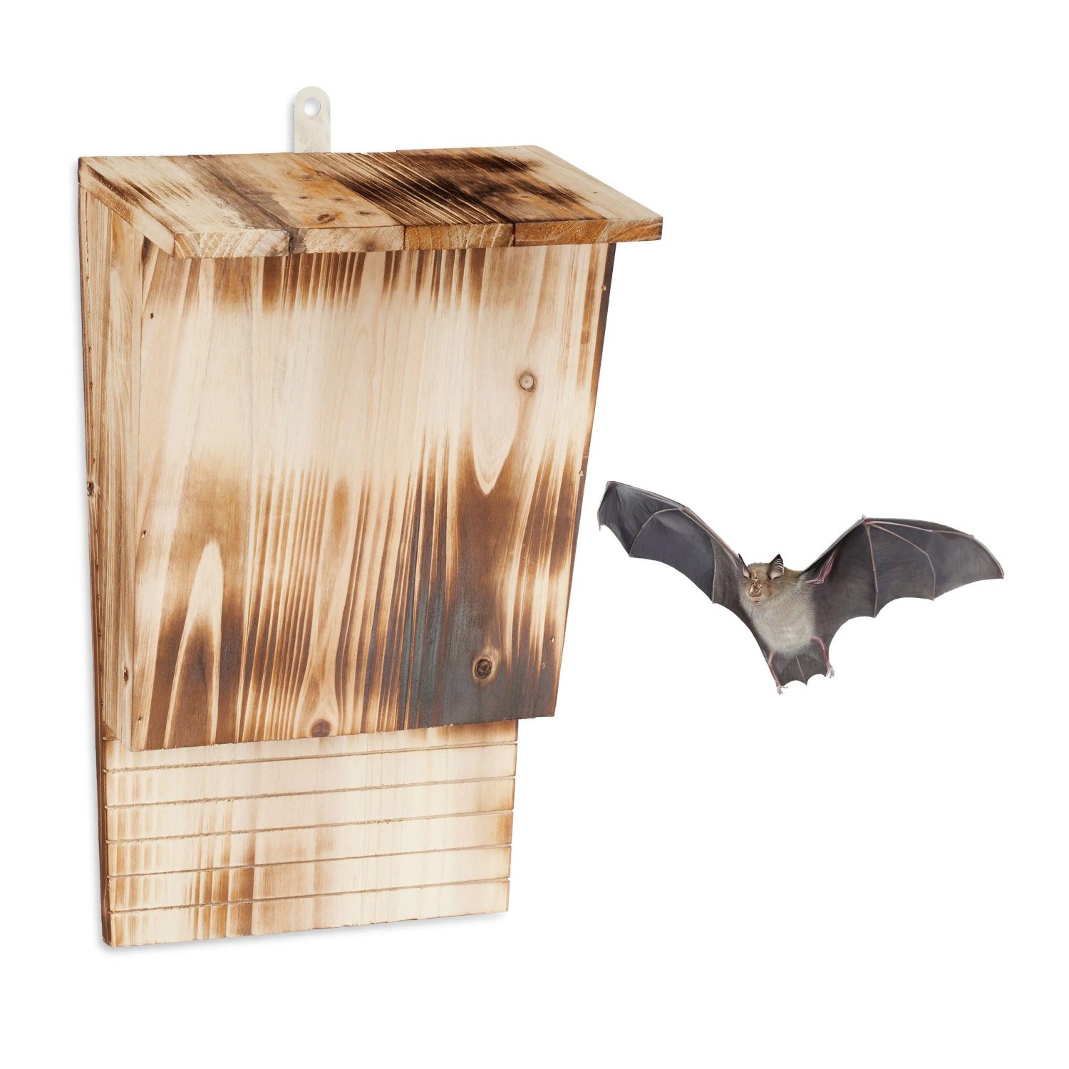 Relaxdays Fledermauskasten Tannenholz Geflammt Natur mit Haken 37 x 22 x 12,5 cm 660 g