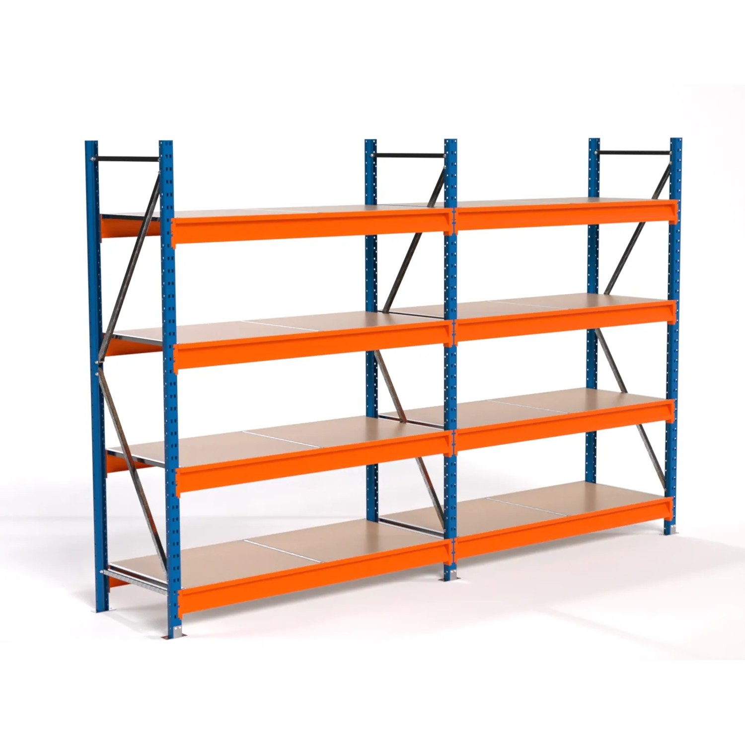 PROREGAL Industrie Weitspannregal Lagerregal MAXIMUS PRO Komplettregal 2 Felder HxBxT 200x300x60cm 4 Spanplatten-Fachboden Fachlast 850kg Blau/Orange