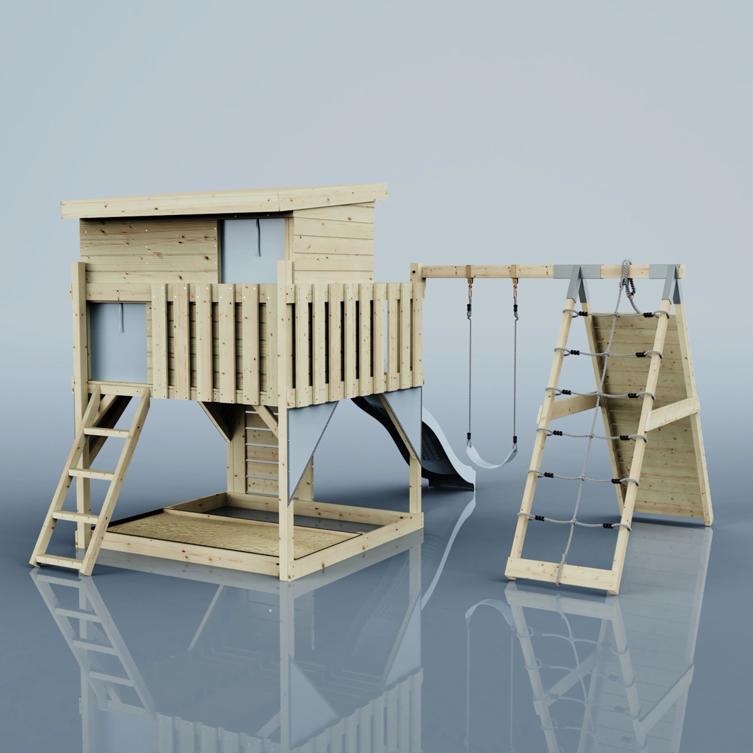 PolarPlay Spielturm Emil mit Schaukel, Kletterwand und Rutsche aus Holz.