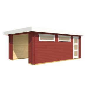 Lasita Garage Canberra, Schwedenrot, mit Eingangstür und Milchglasfenstern.