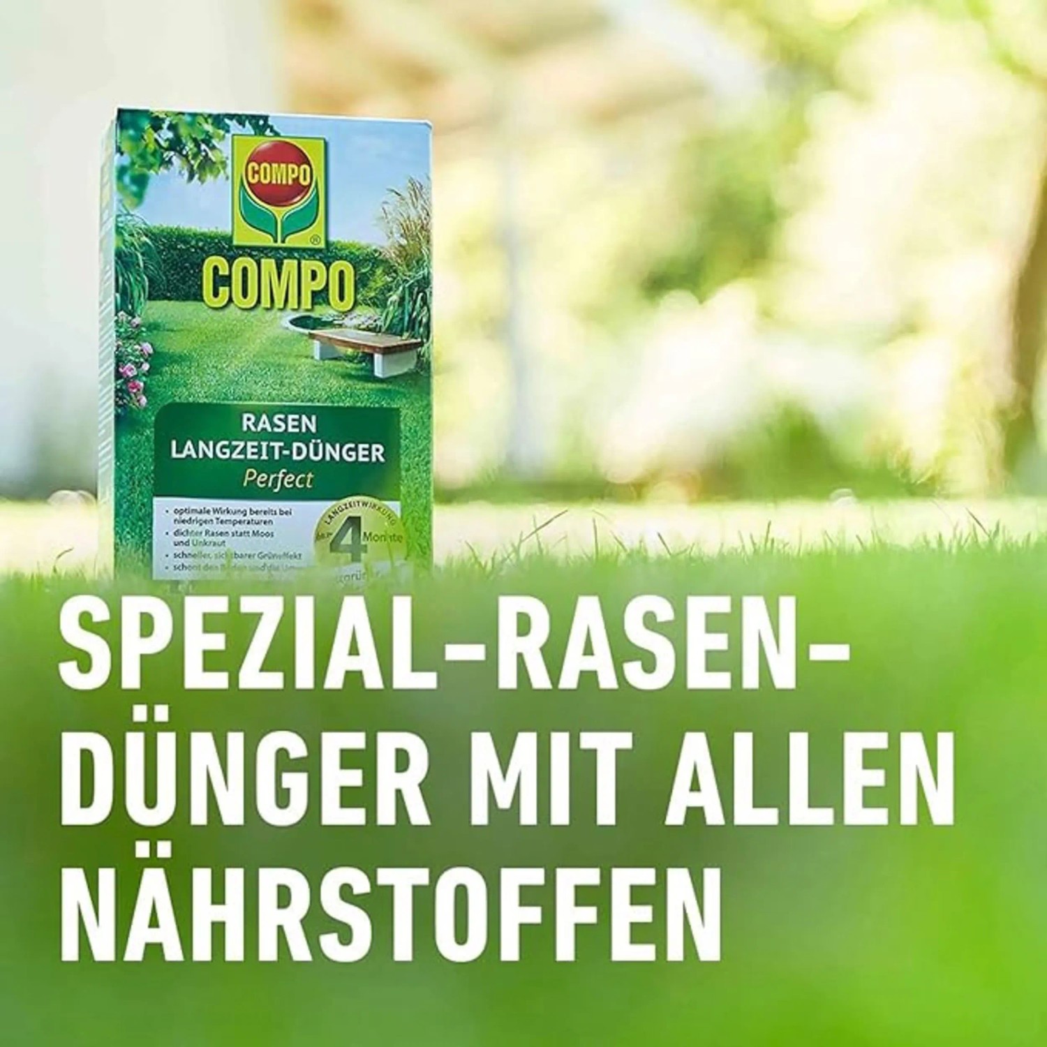 Packung Compo Rasen-Langzeitdünger 3 kg für dichten, grünen Rasen bis zu 4 Monate.