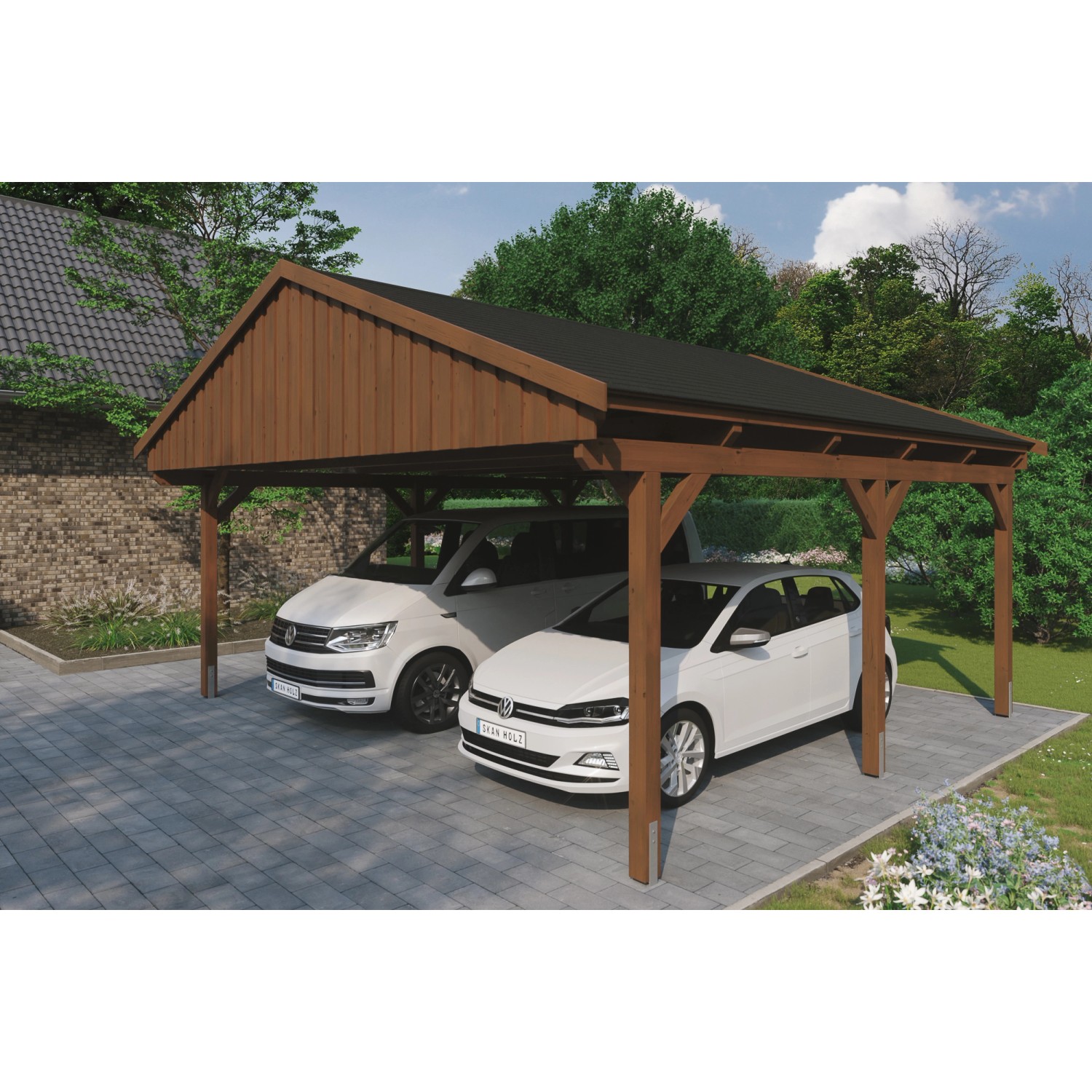 Skan Holz Carport Fichtelberg 618 cm x 566 cm Schwarze Schindeln Nussbaum günstig online kaufen