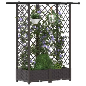 Braunes Hochbeet mit Rankgitter und Hängedach, gefüllt mit Kletterpflanzen und Hängekörben. Ideal für Garten & Balkon.