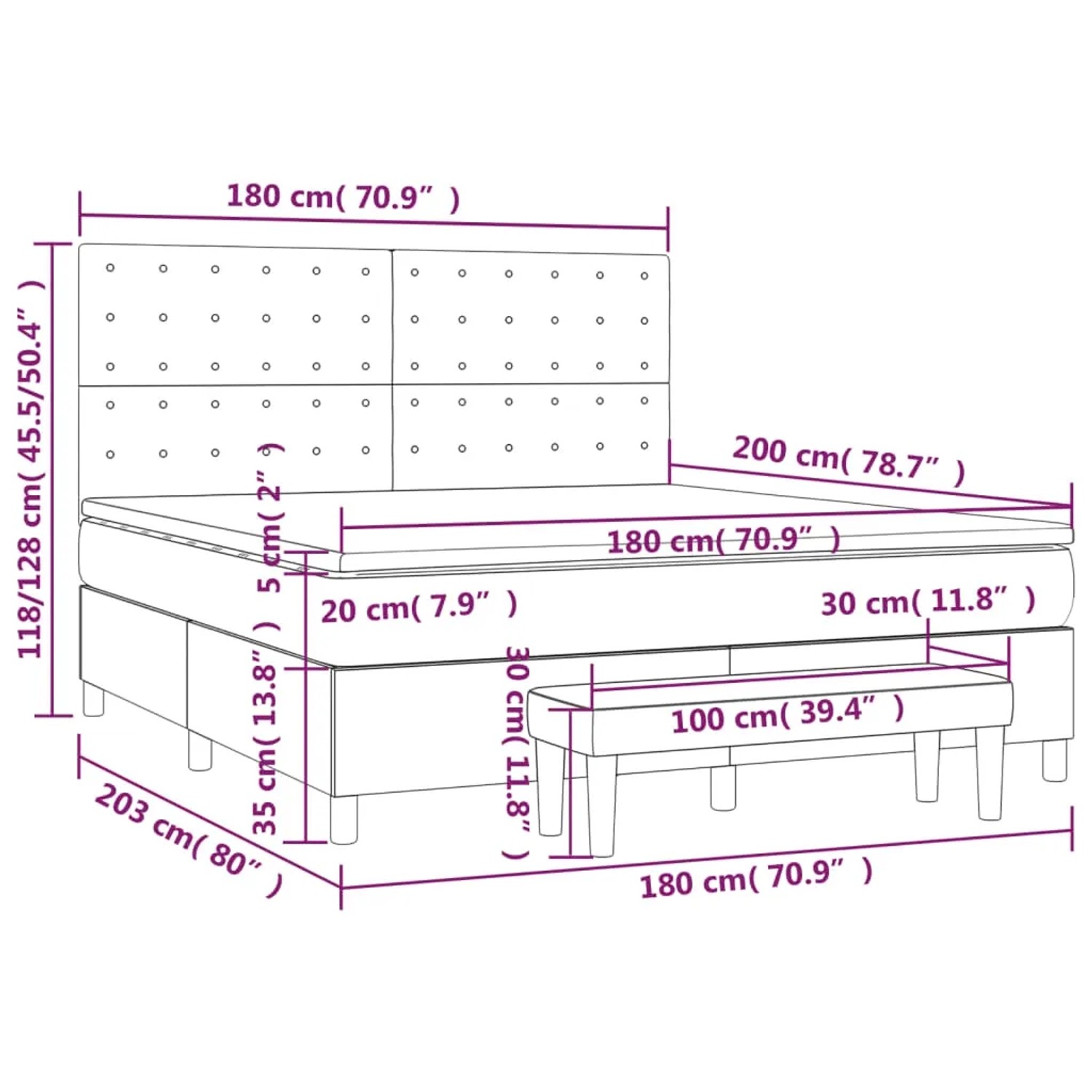 Blaues Boxspringbett 180x200 cm mit Matratze, Kopfteil und Bank. Ideal für Schlafzimmer.