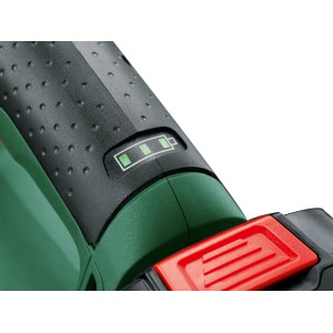 Detailaufnahme: Bosch EasySaw 18V-70 Akku-Stichsäge mit Akku-Ladestandsanzeige.