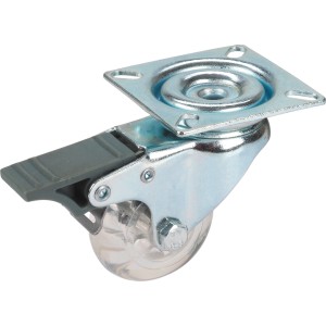 Designrolle Ø 50 mm mit Feststeller, transparente Rolle mit grauer Bremse und silberner Halterung.