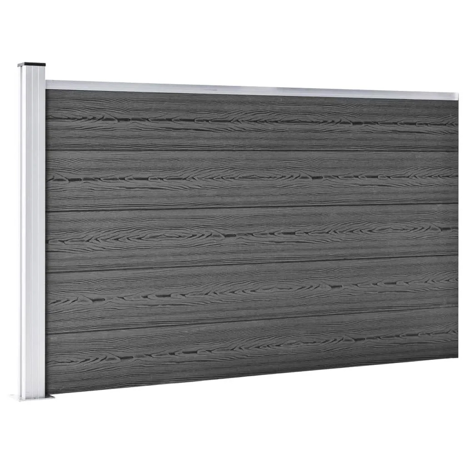 Schwarzes vidaXL Zaunelement Set aus WPC (Holz-Kunststoff-Verbund) mit Aluminiumpfosten.