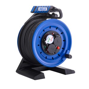 Blaue HEDI Kabeltrommel Generation 7 Companion K7A40NTF mit 40m Kabel und 3 Steckdosen.