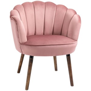 Eleganter HOMCOM Esszimmerstuhl in Rosa Samt, gepolstert, mit muschelförmiger Rückenlehne und Holzbeinen.