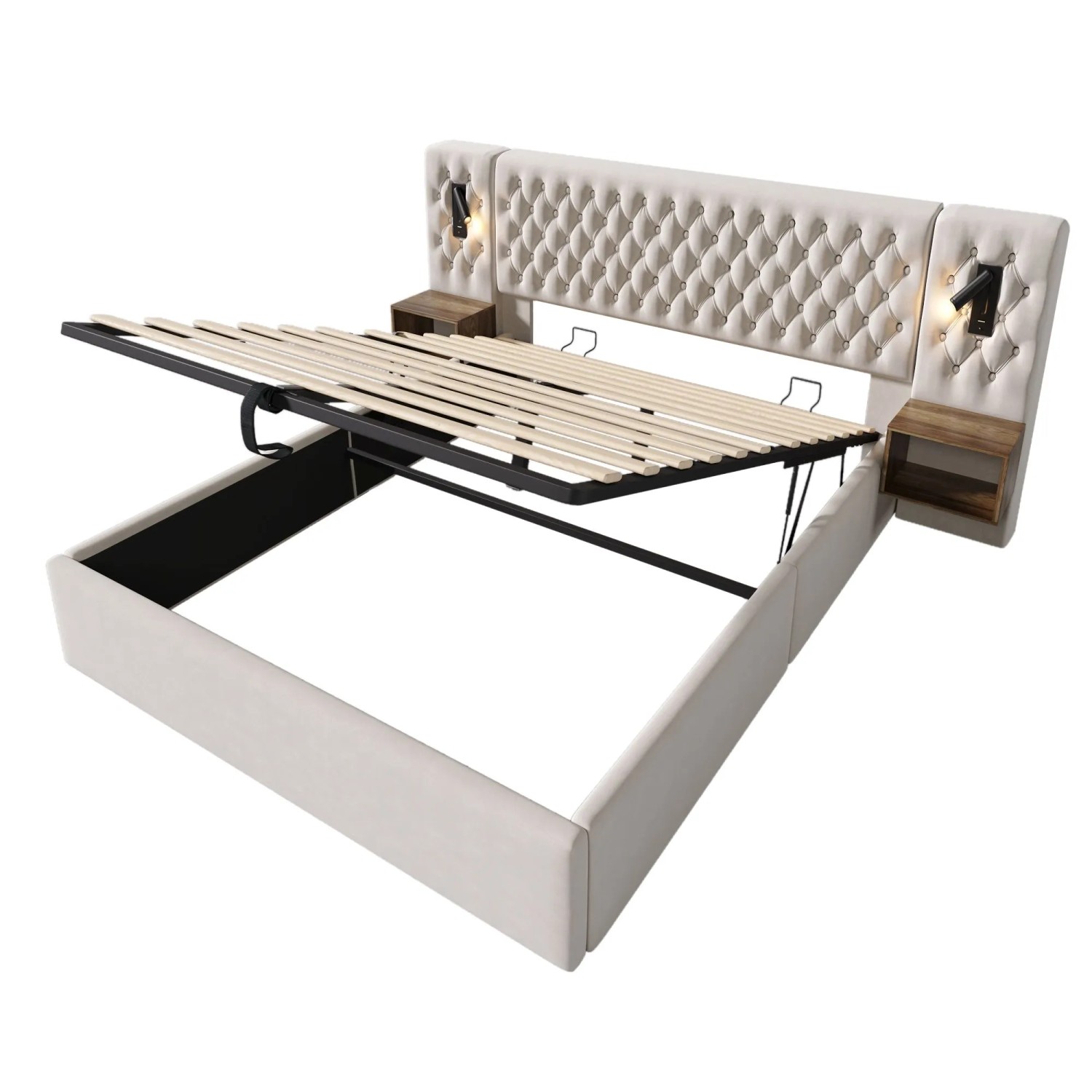 okwish Polsterbett 160x200cm mit Hydraulischem Stauraum USB Licht Beige ohne Matratze