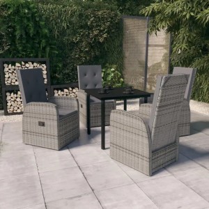 Graue vidaXL Garten-Essgruppe, 5-teilig, mit Tisch, 4 Rattanstühlen und Kissen für den Garten.