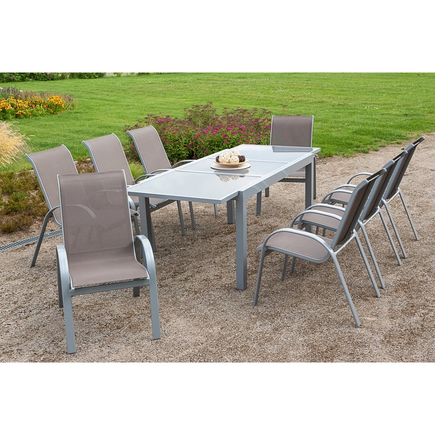 Merxx Gartenmöbel-Set Amalfi, 9-teilig, taupe, mit Ausziehtisch (180/240x100 cm).