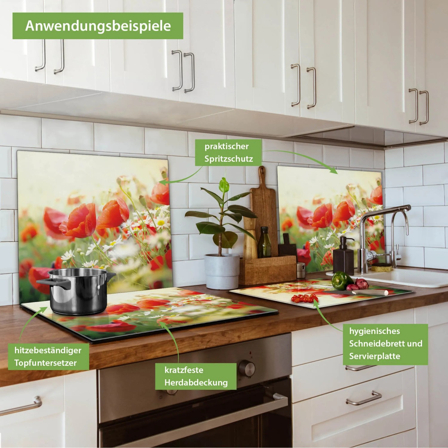 Banjado Herdabdeckplatte Glas mit Kamille- und Mohn-Motiv als Schneidebrett und Spritzschutz.