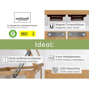Details des Mini-Gewächshauses Framy2: Magnetverschlüsse, verstellbares Dach, Hohlkammern, Massivholz.