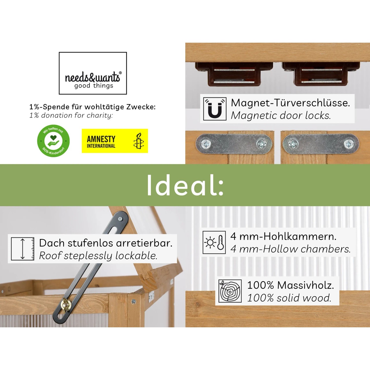 Details des Mini-Gewächshauses Framy2: Magnetverschlüsse, verstellbares Dach, Hohlkammern, Massivholz.
