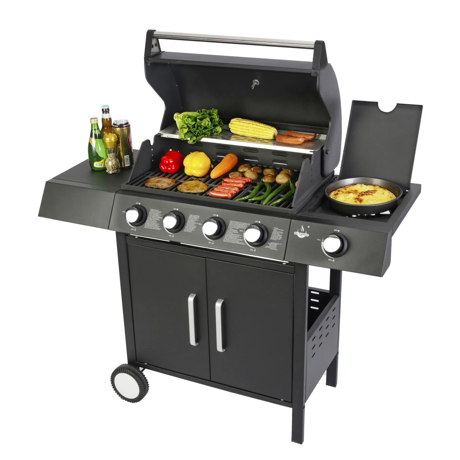 El Fuego Gasgrill San Angelo mit 4+1 Brennern, Ablagen und Unterschrank. Grillgut auf dem Rost.
