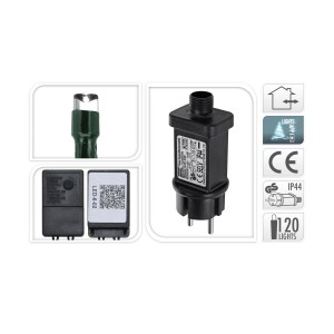 Detailaufnahme: LED-Lichterkette mit 120 warmweißen LEDs, grünes Kabel, Trafo und QR-Code für App-Steuerung.