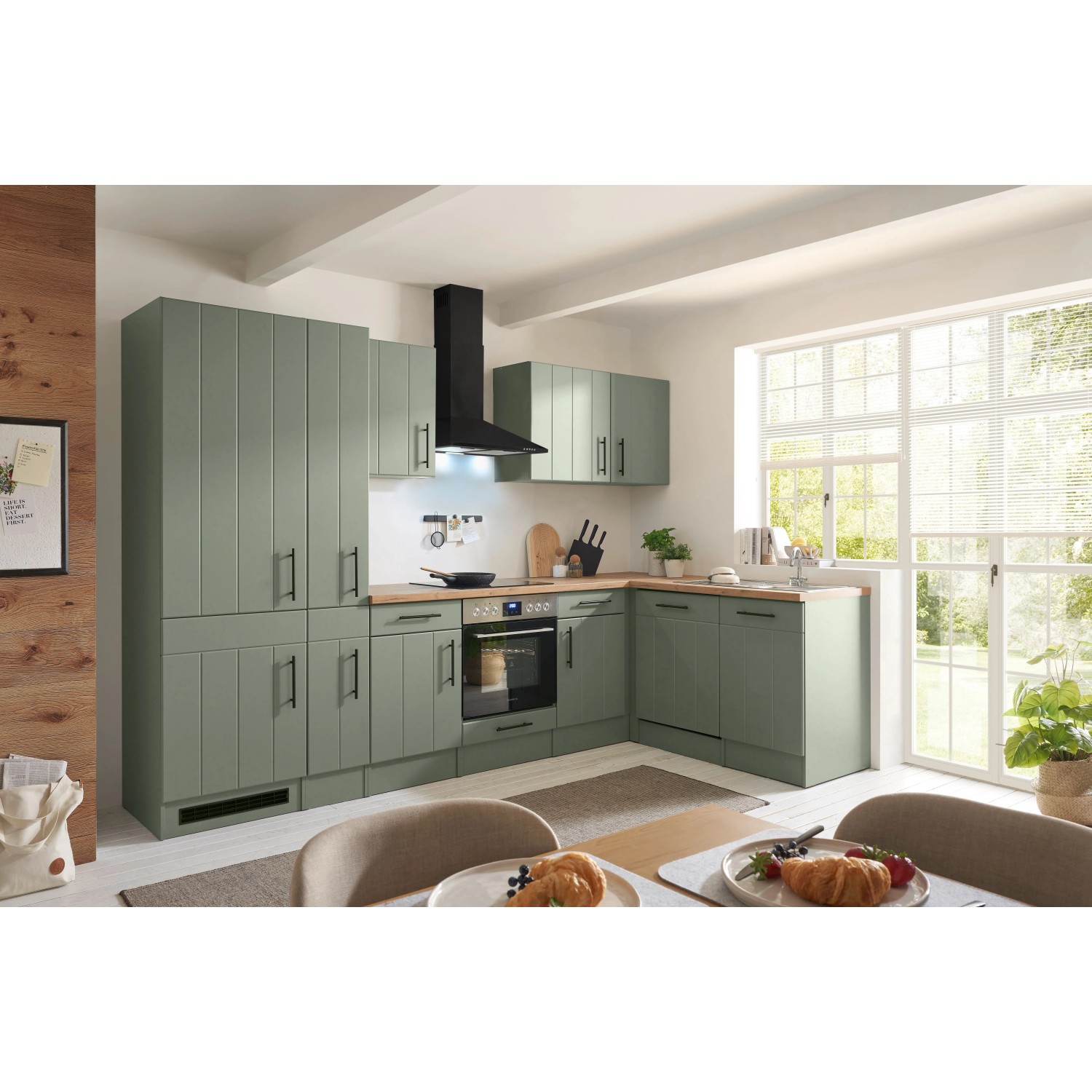 Respekta Winkelküche Anton Landhaus Schilfgrün 310 cm mit Einbau Herd-Set