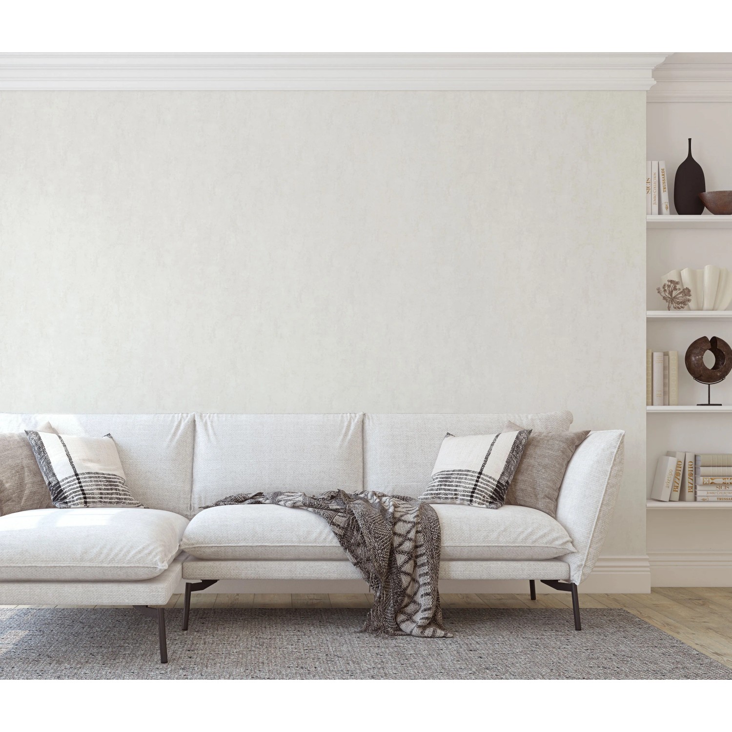 Guido Maria Kretschmer Vliestapete Chroma in Creme an Wohnzimmerwand.