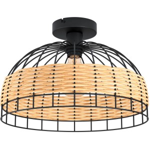 Schwarze Eglo Deckenleuchte Anwick mit Rattan-Schirm im Vintage-Design.