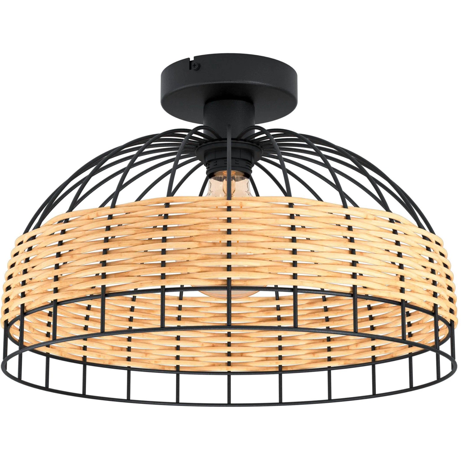 Schwarze Eglo Deckenleuchte Anwick mit Rattan-Schirm im Vintage-Design.