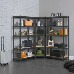 Graues Juskys 3er Regalsystem mit 15 Böden und Werkzeugen/Zubehör. Schwerlastregal für Keller, Garage oder Werkstatt.