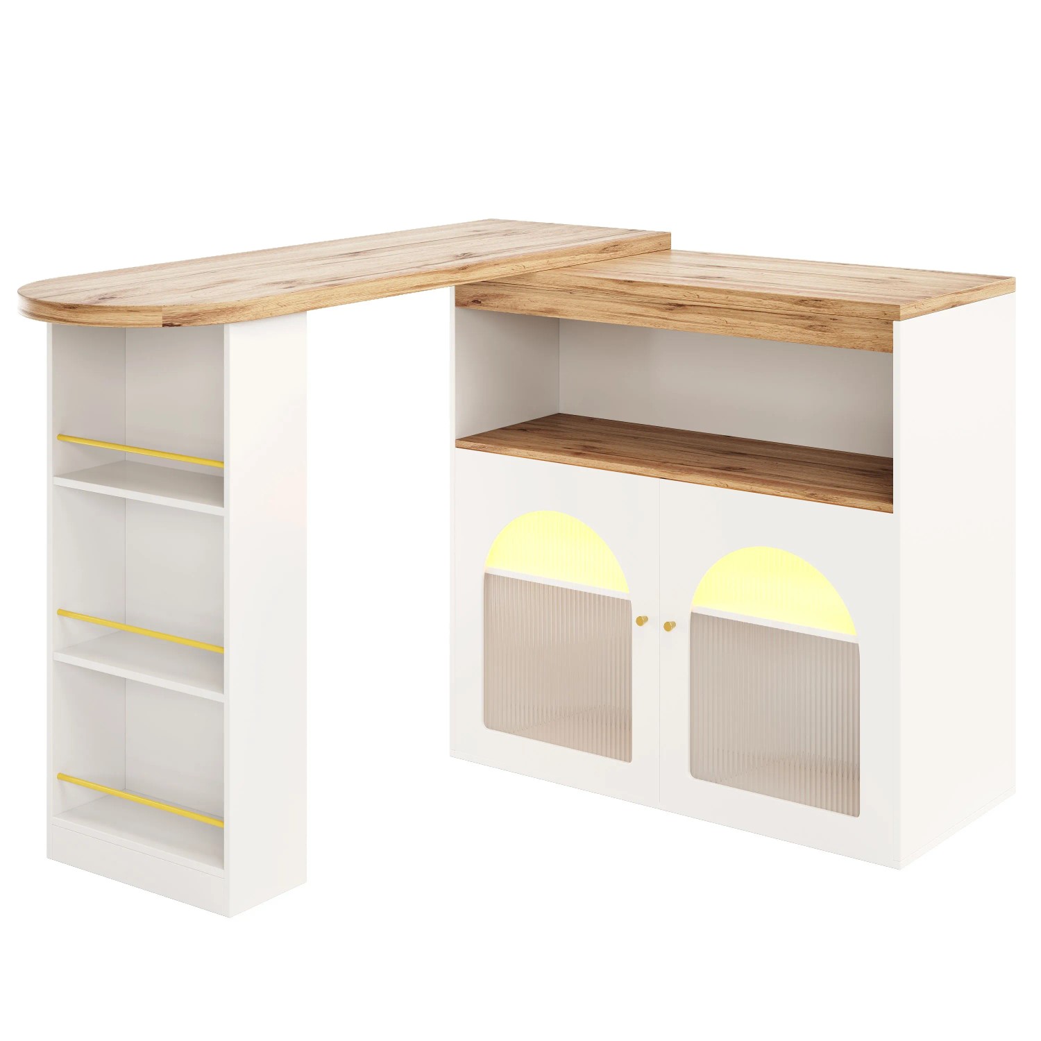 okwish Bartisch mit LED Beleuchtung Ausziehbar Stauraum 138-193x39x105cm Weiß
