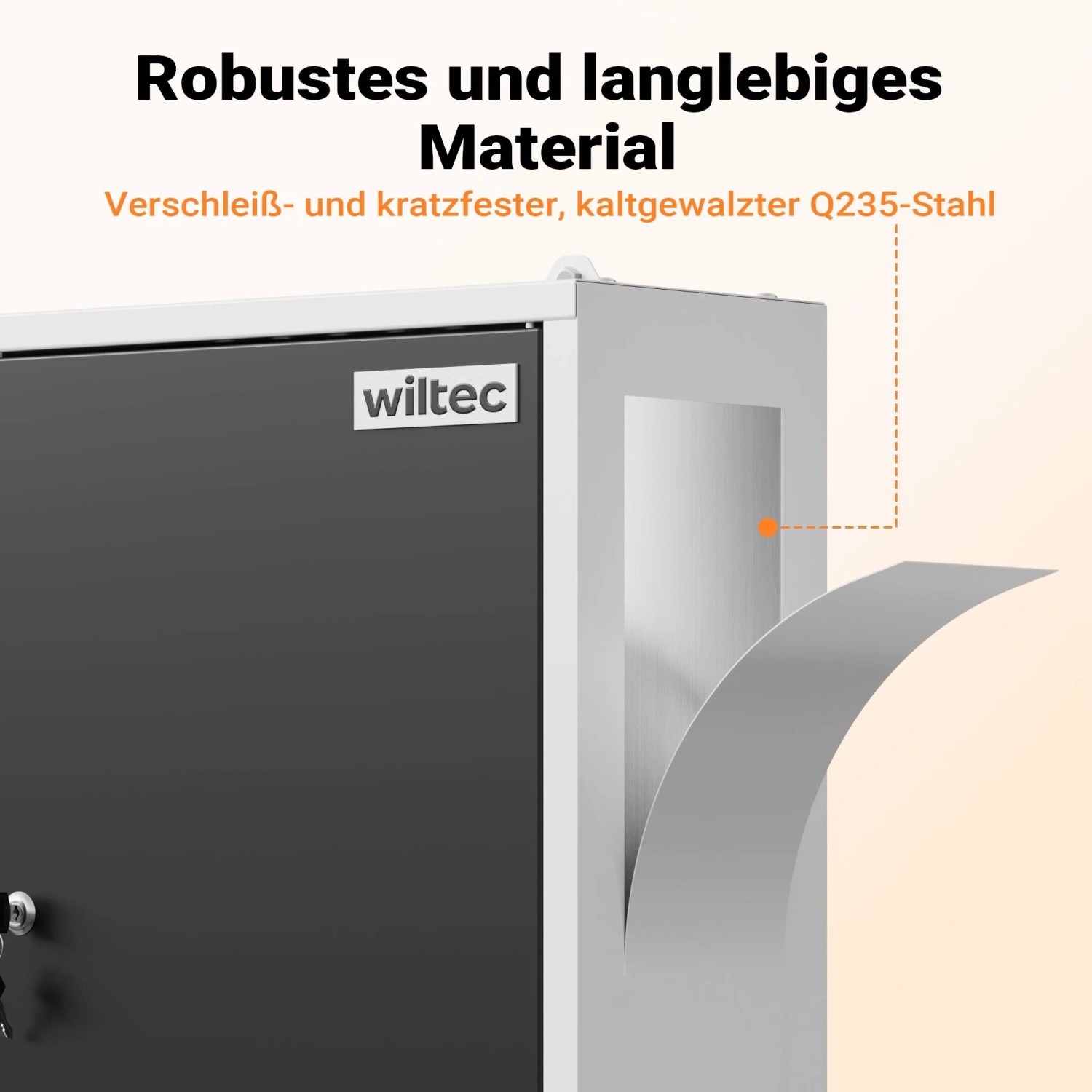 Grauer Wiltec Hängeschrank aus robustem Stahl. Detail zeigt Materialstärke und Wiltec Logo. Werkzeugschrank für Werkstatt.