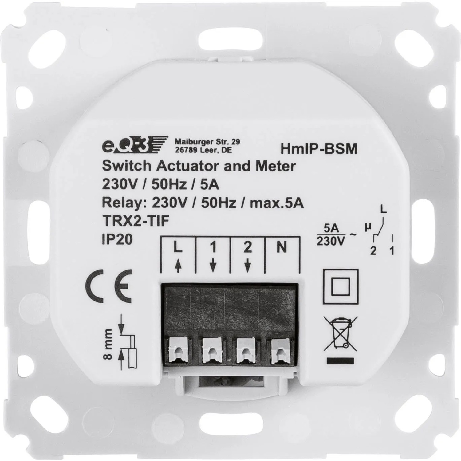 Weißer Homematic IP Schalt-Mess-Aktor. Kompaktes Unterputz-Modul für Smart Home und Stromverbrauchsmessung.