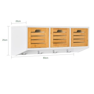 SoBuy Wandgarderobe FHK19-WN mit 3 Körben und 4 Haken aus MDF in Natur und Weiß.