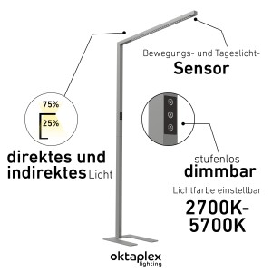 Silberne Oktaplex Alva LED Stehlampe mit Sensor, dimmbar, für Büro und Arbeitszimmer.