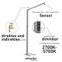 Silberne Oktaplex Alva LED Stehlampe mit Sensor, dimmbar, für Büro und Arbeitszimmer.