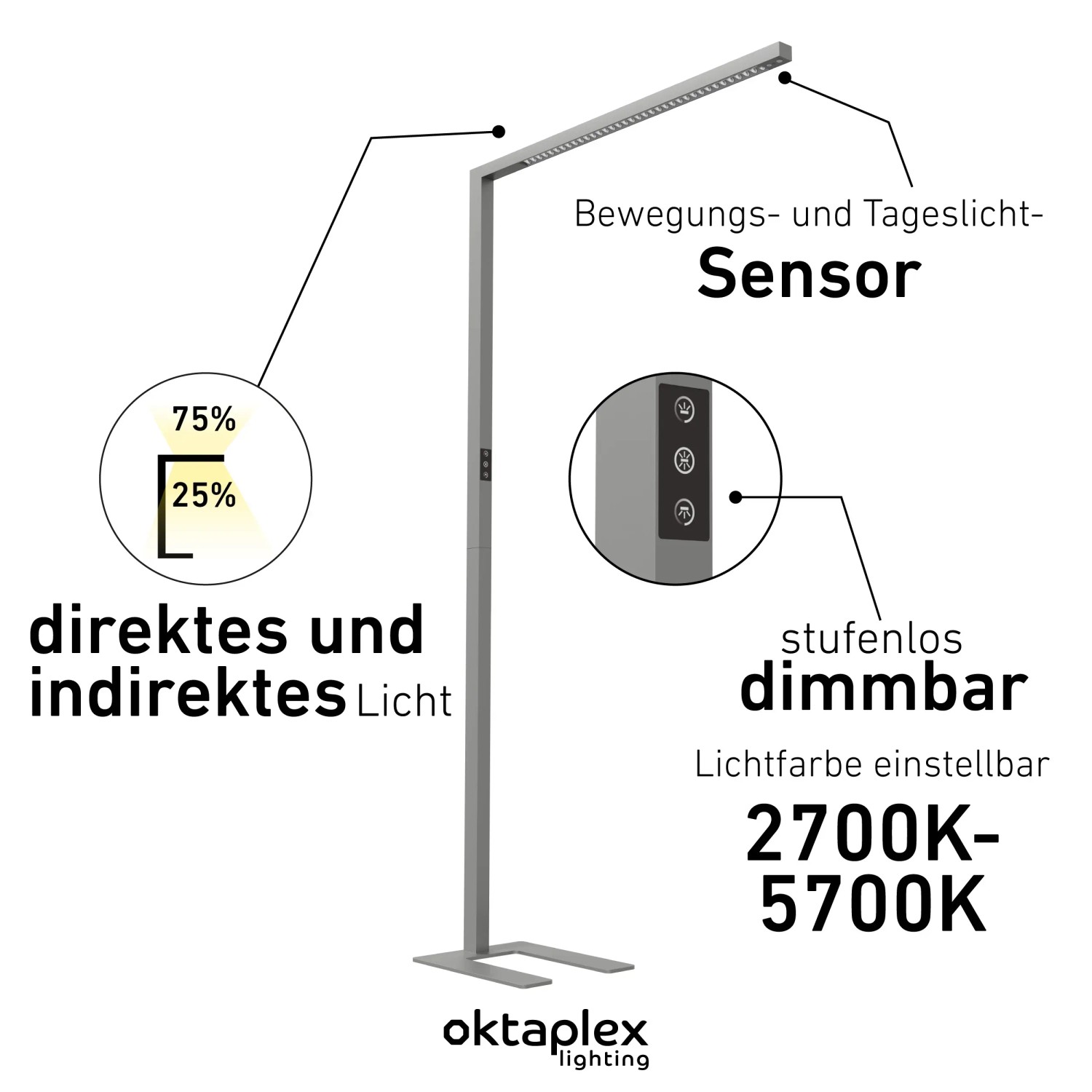 Silberne Oktaplex Alva LED Stehlampe mit Sensor, dimmbar, für Büro und Arbeitszimmer.
