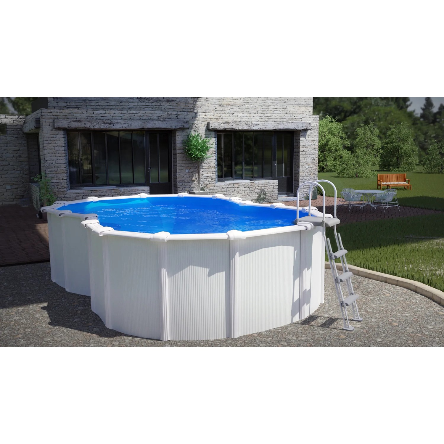 Weißer Gre Pool Varadero Oval, 500x340x120 cm, mit Leiter im Garten.