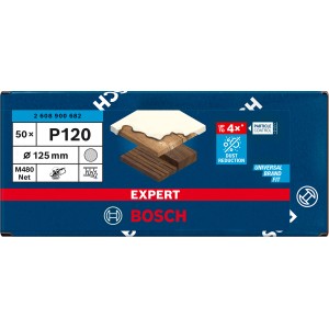 Bosch Expert M480 Netzschleifblatt, Ø 125mm, K120, 50 Stück, für Exzenterschleifer. Staubreduktion bis zu 4x besser.