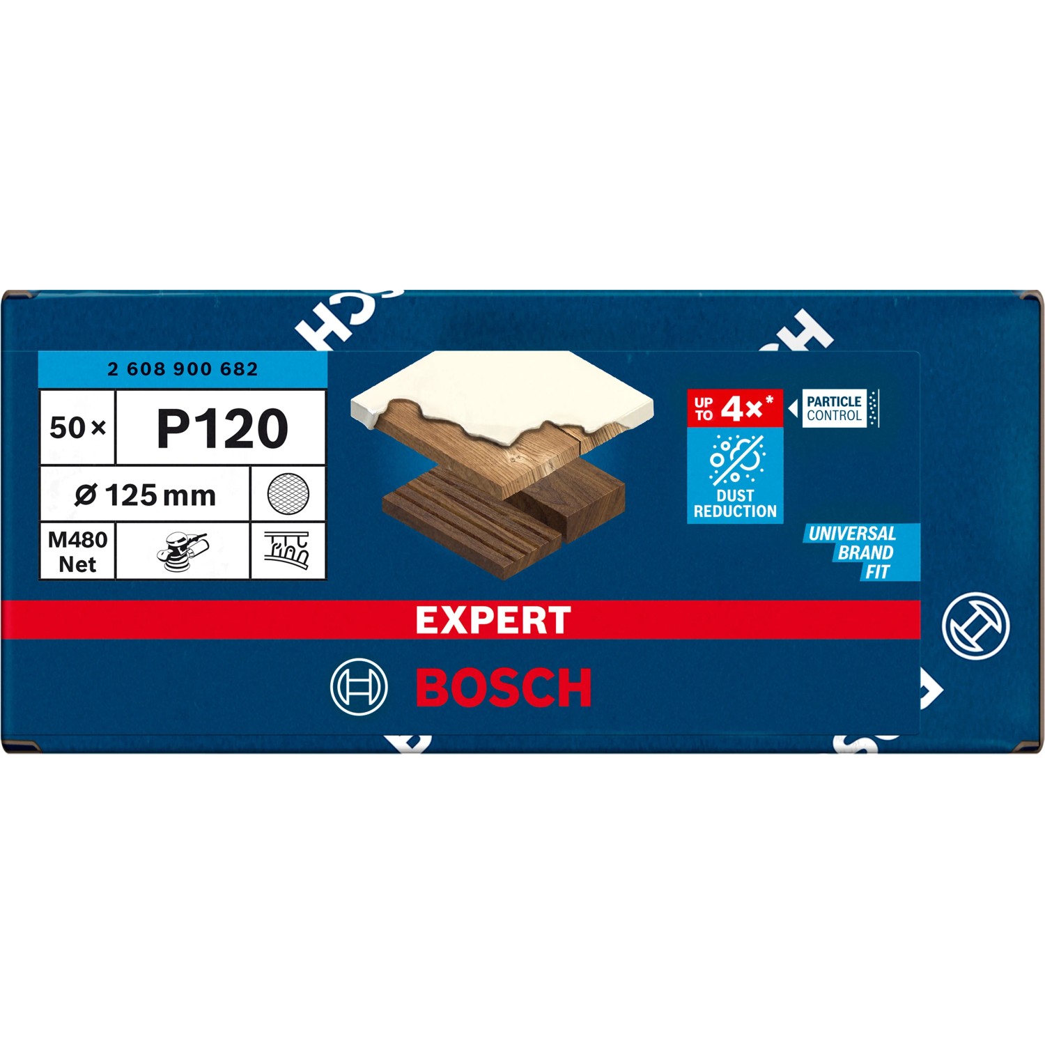 Bosch Expert M480 Netzschleifblatt, Ø 125mm, K120, 50 Stück, für Exzenterschleifer. Staubreduktion bis zu 4x besser.