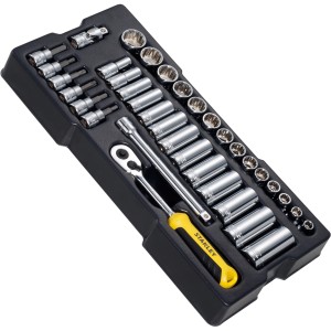 Stanley Steckschlüssel-Set 3/8 Zoll, 36-teilig mit Knarre, Verlängerung und Bits im Werkzeugkasten.
