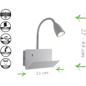 Weiße Luce Design Wandleuchte Gulp mit flexiblem Arm, USB-Anschluss und Ablage. Ideal als Leselampe.