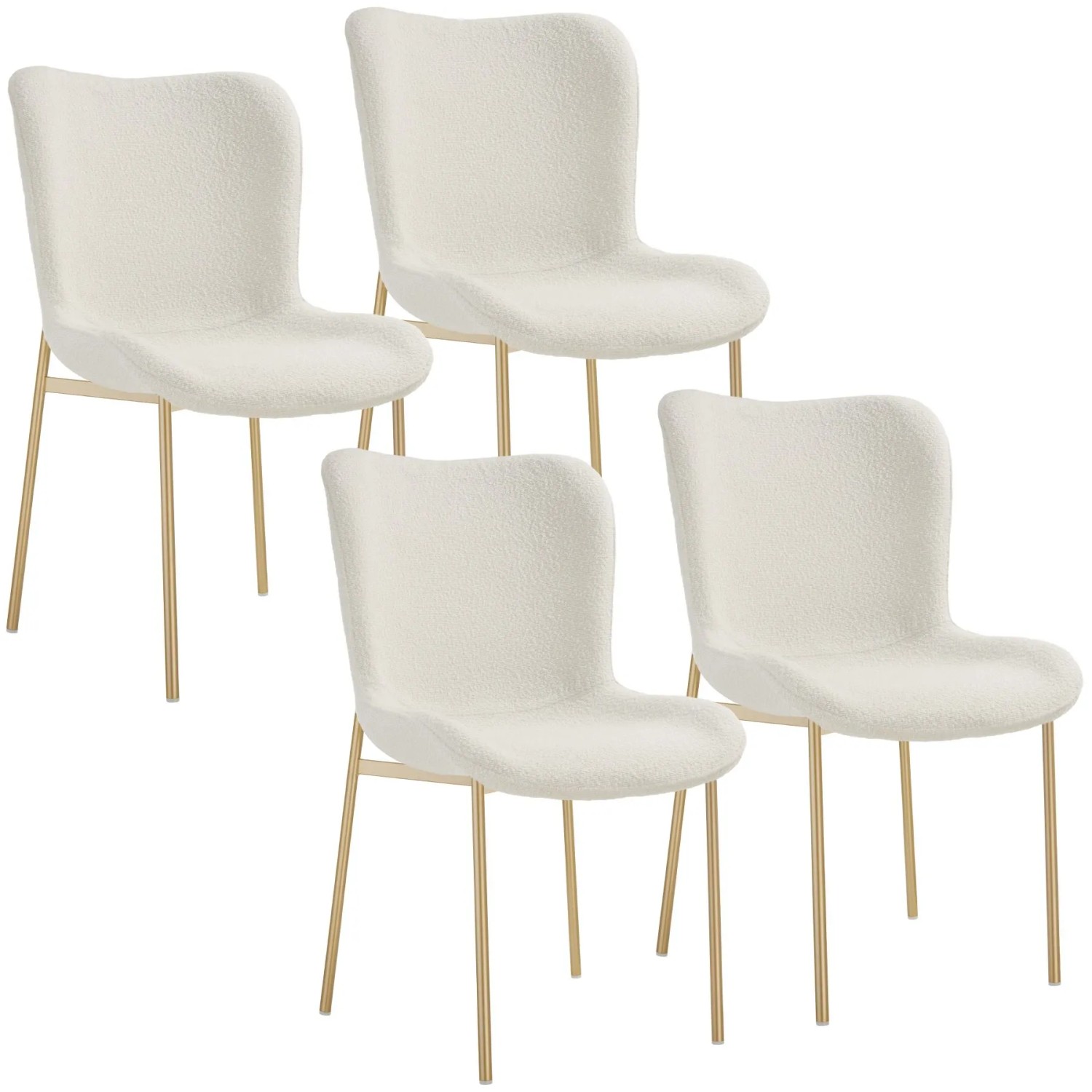 Tectake Polsterstuhl  Tessa Ergonomische Form Mit Hoher Rückenlehne Schlanke Stahlbeine 4Er Set 62 x 54 x 90 cm Bouclé Weiß Gold