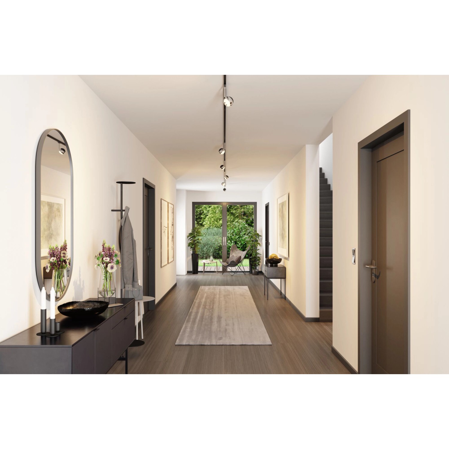 Urail LED Spots in Schwarz-Chrom an Schiene im Flur. Dimmbare Paulmann Leuchte mit 6W und 2700K.