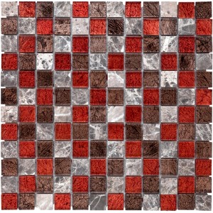 Mosaikmatte Naturstein Metalica Marron, 30x30 cm, mit braunen, roten und grauen Steinen.