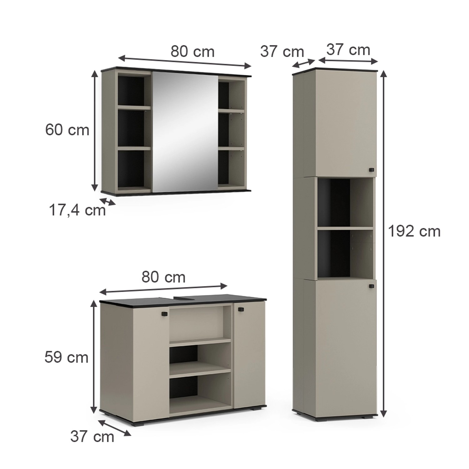 Vicco Badmöbel-Set Joli, 3-teilig in Greige: Waschbeckenunterschrank, Spiegelschrank, Hochschrank.