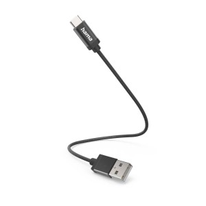 Schwarzes Hama Ladekabel USB-A auf USB-C mit Nylonummantelung.