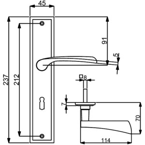 Technische Zeichnung: Alpertec Langschild-Garnitur Nelson, Messing poliert, für Zimmertüren.