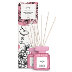 Ipuro Raumduft Intense Rose, 100ml, mit Duftstäbchen und Verpackung.