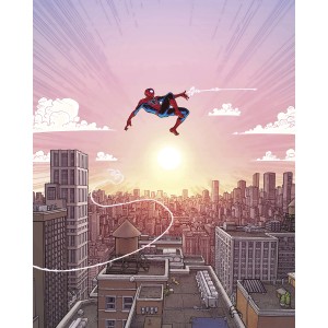 Komar Vlies Fototapete: Spider-Man schwingt durch die Luft vor rosa Himmel über der Stadt.