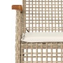 Detailansicht: Beige Poly Rattan Gartenstuhl mit Kissen, Teil der 4-tlg. Essgruppe.