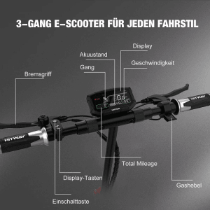 HITWAY H9 Pro E-Scooter Lenker mit Display für Akku, Geschwindigkeit, Gang und Bedienelementen.
