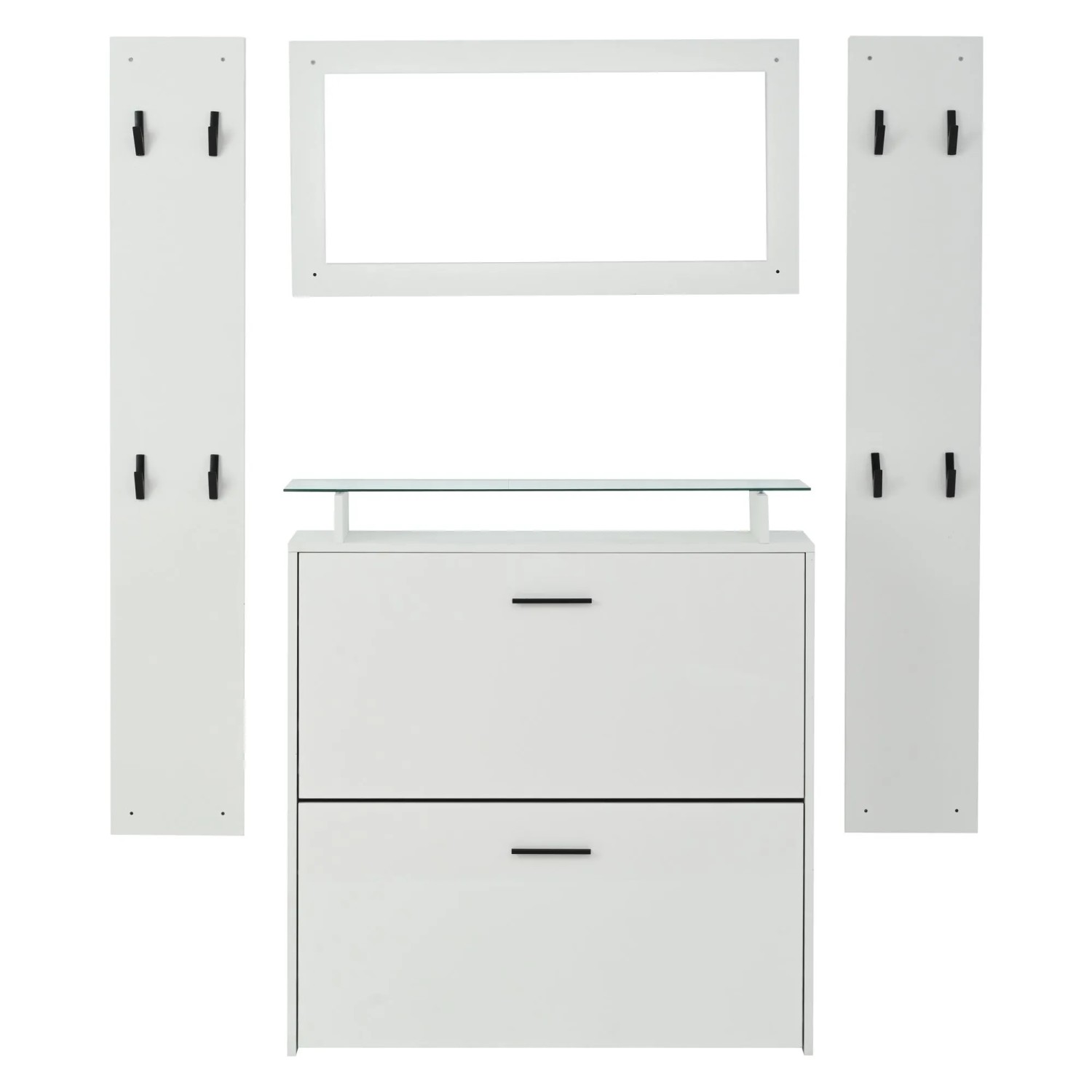 Merax Garderoben Set Hochglanz mit Spiegel Schuhschrank 8 Haken Weiß